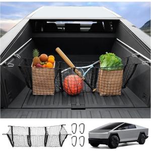 imageTruck Bed Cargo Mesh Net for Tesla Cybertruck 2024 Aluminum Alloy Carabiner Truck Bed Divider Organizer Net for Cybertruck Accessories 3 Pocket